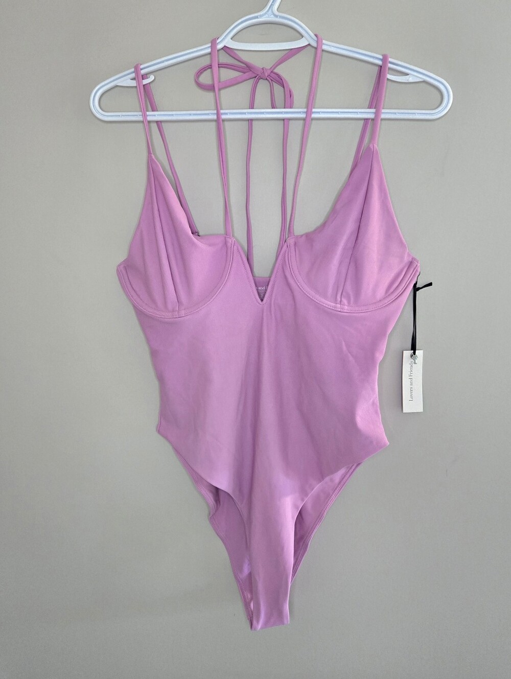 Lovers + Friends lilac lavender strappy v-plunge one-piece swimsuit, nwt